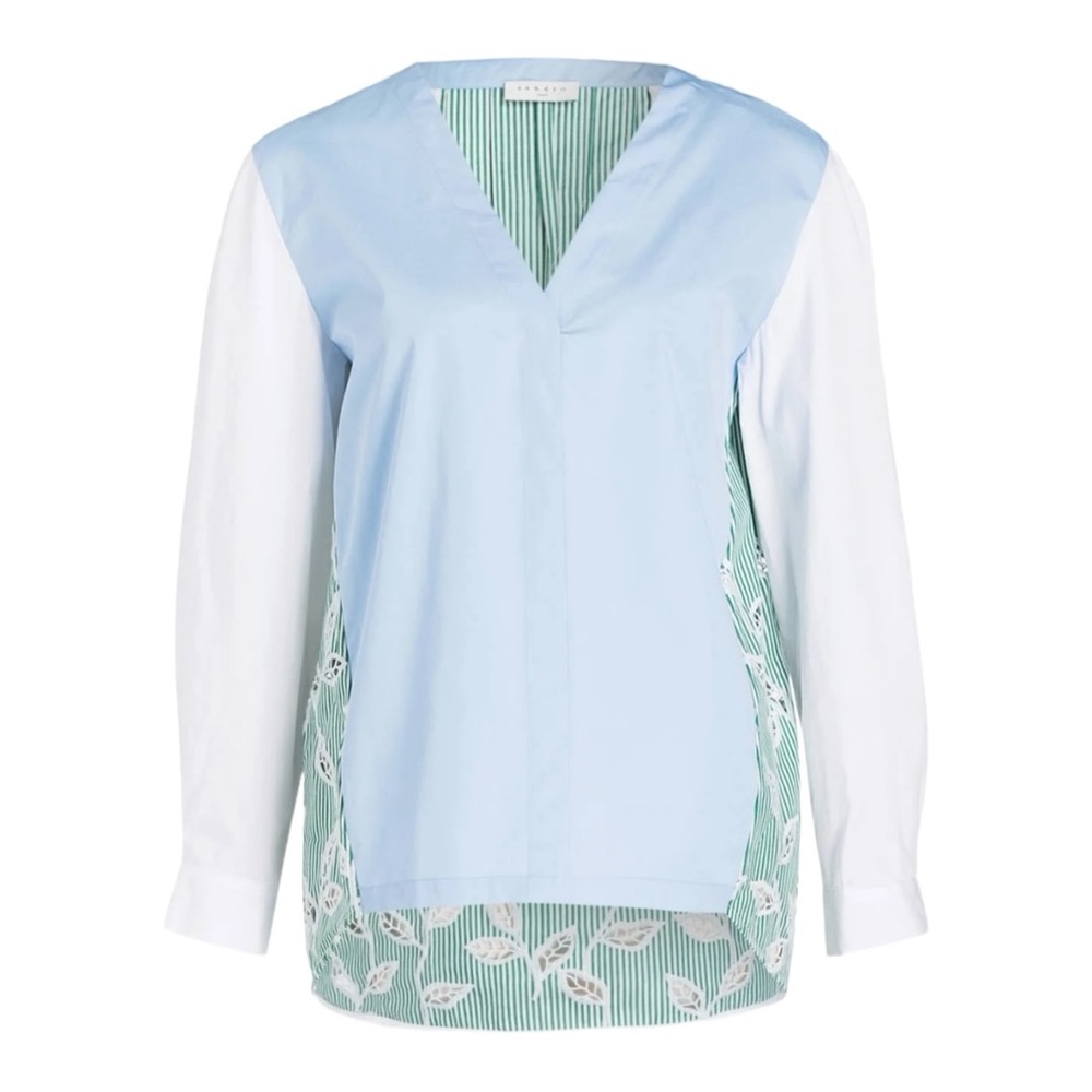 Sandro Colorblock Light Blue, White & Green Lace-Trim Blouse